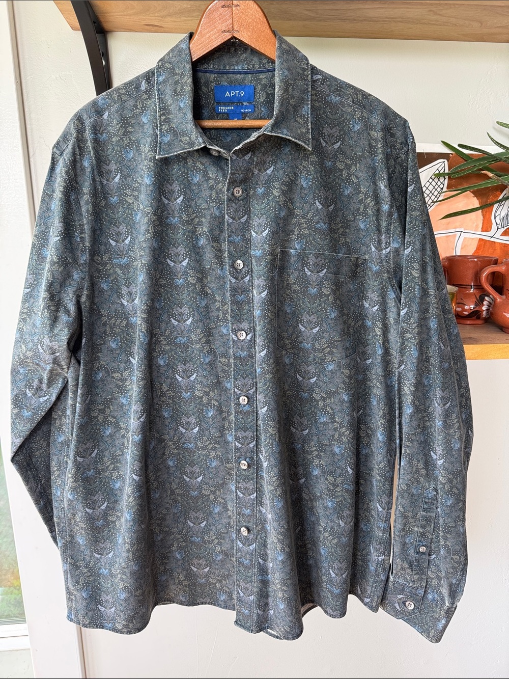 Apt. 9 Men's Long-Sleeve Button-Down Shirt in Slate Blue Floral Print Sz XL
